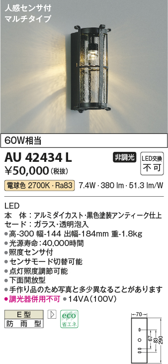 コイズミ照明 ポーチ灯 白熱球60W相当 黒色塗装アンティーク仕上 AU42432L - 4